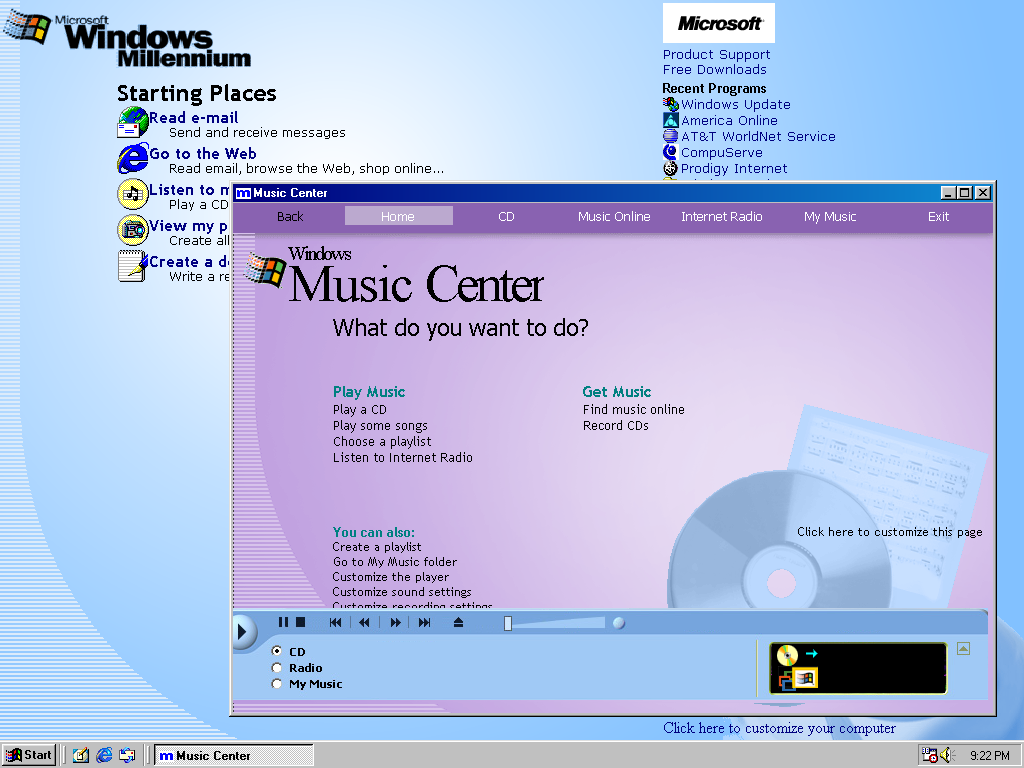 Microsoft Windows ME ("Millennium" 4.90.2358 dr3) 音乐中心