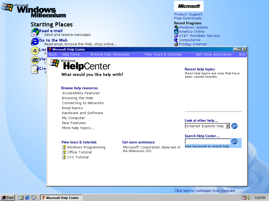 Microsoft Windows ME ("Millennium" 4.90.2358 dr3) 帮助中心