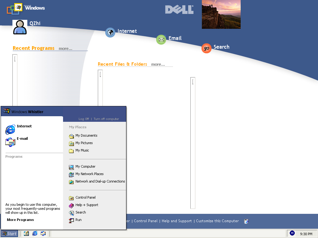 Microsoft Windows XP ("Whistler" 5.1.2250.1 Professional Beta) 开始菜单