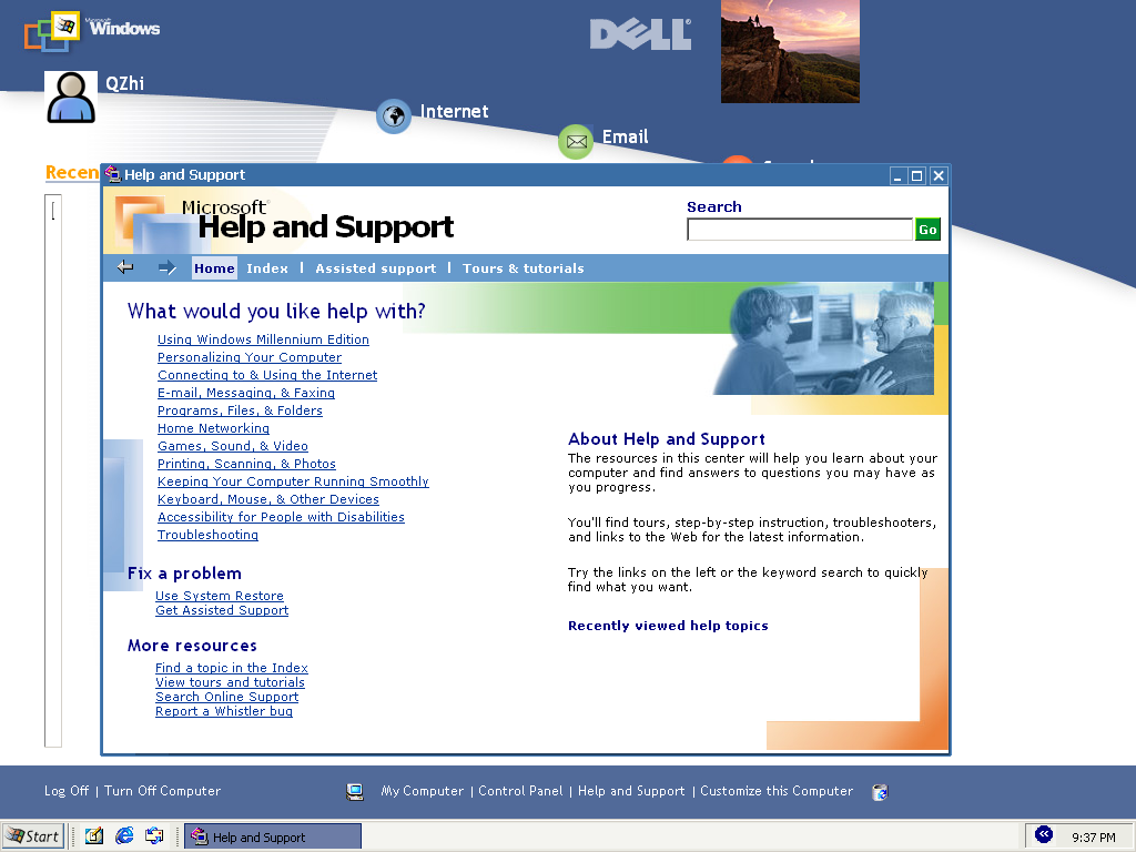 Microsoft Windows XP ("Whistler" 5.1.2250.1 Professional Beta) 帮助与支持中心